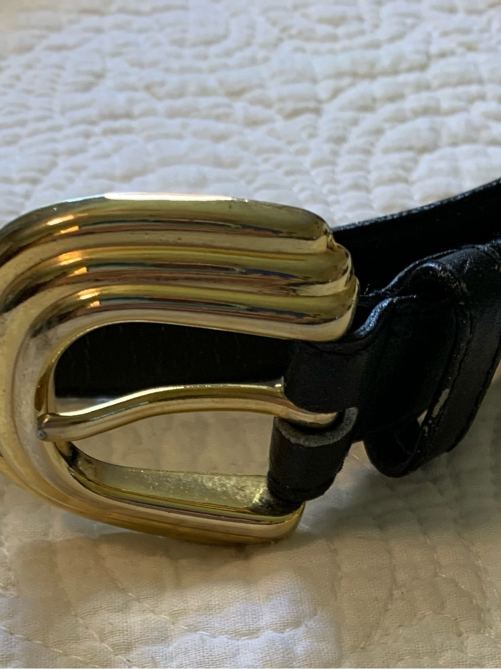 Vintage Omega Black Leather Belt with Gold Sculpted Buckle size Large